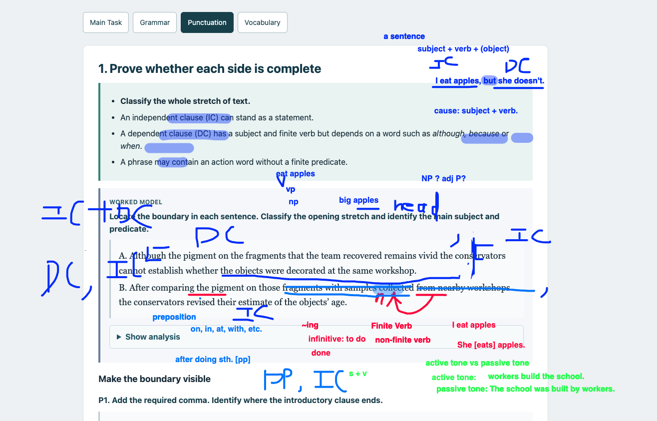 Handwritten class annotations beside the clause-completeness worked model