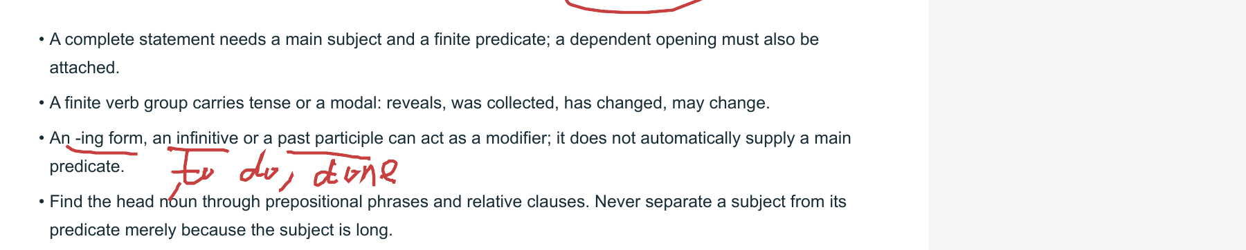 Sentence-core notes · annotated classroom excerpt